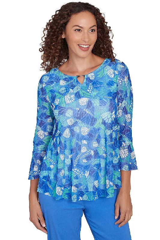 Women's Blouse with Gathered SleevesIt Had To Be Blue Mesh Top