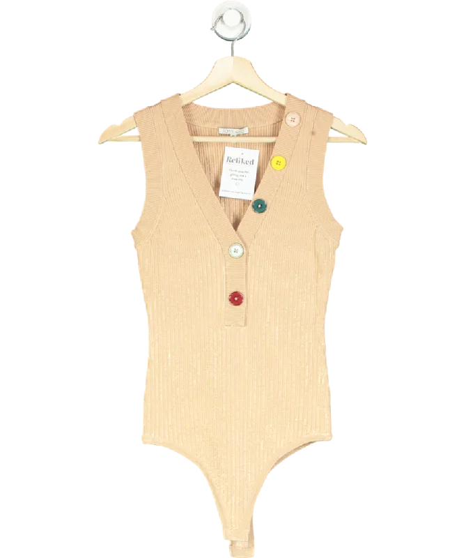 Women's Low Collar SweatersRonny Kobo Beige Romy Button-detail Bodysuit UK M