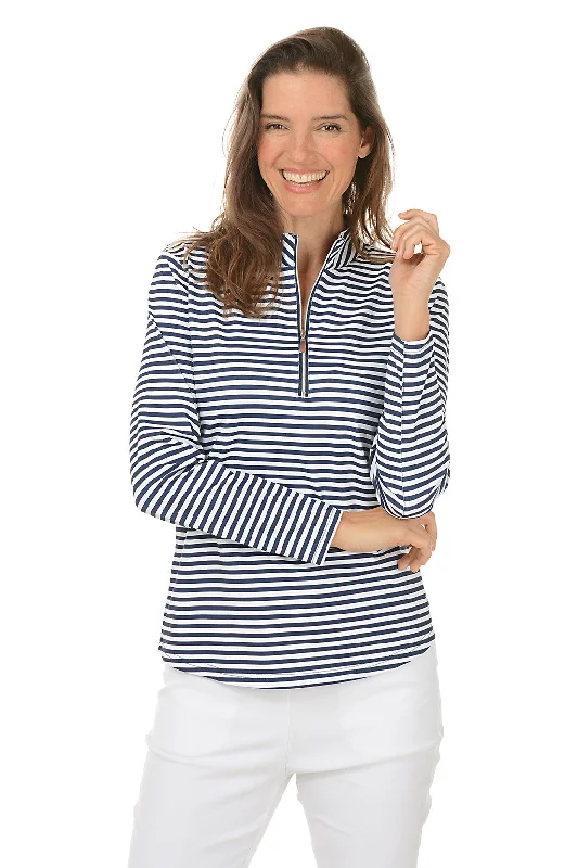 Women's Blouse with Narrow CollarNavy Striped Mock Neck UPF50+ Top