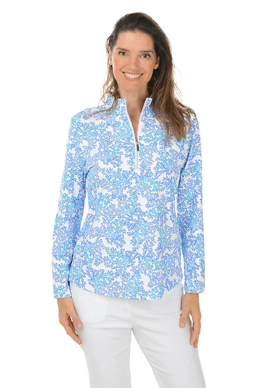 Women's Blouse with Shawl CollarBlue Coral Mock Neck UPF50+ Top