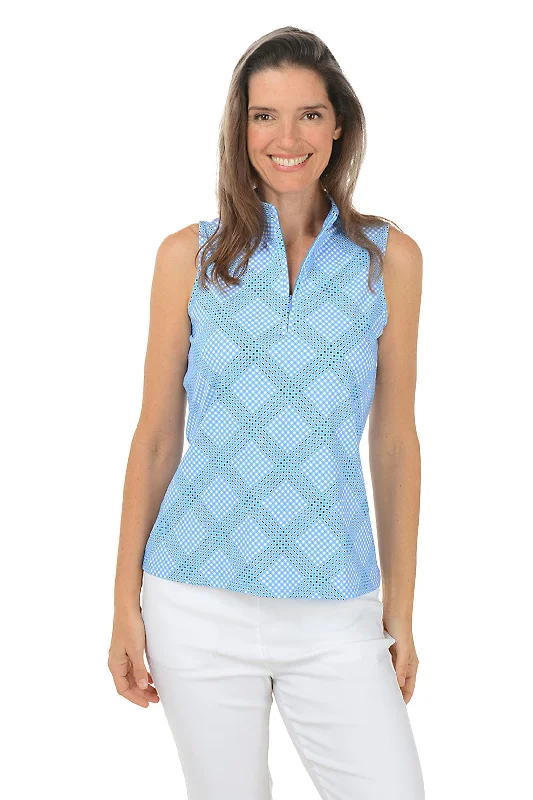 Women's Blouse with U-Shaped CollarDiagonal Gingham UPF50+ Sleeveless Zip Top