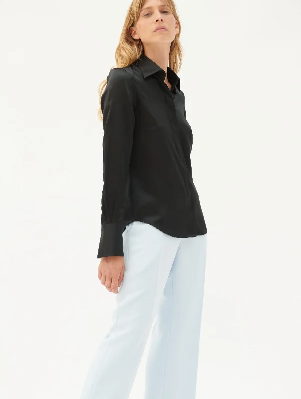 Women's Blouse with Mandarin CollarBlack silk satin shirt