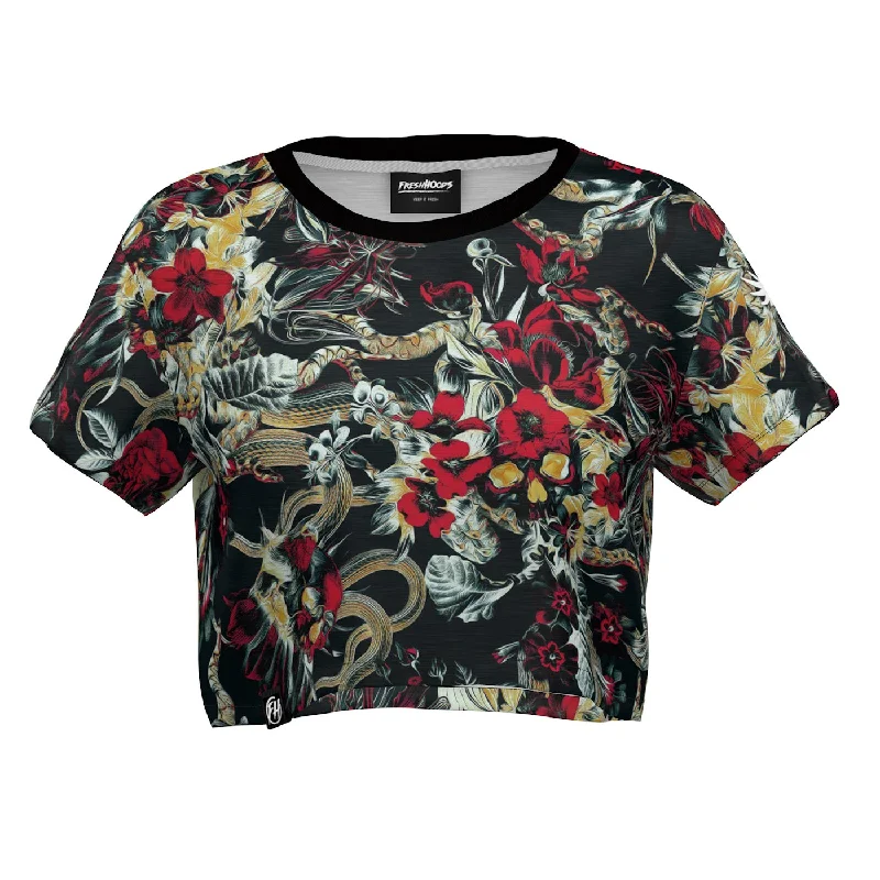 Women's Blouse with Shirt CollarCrimson Bloom Crop Top