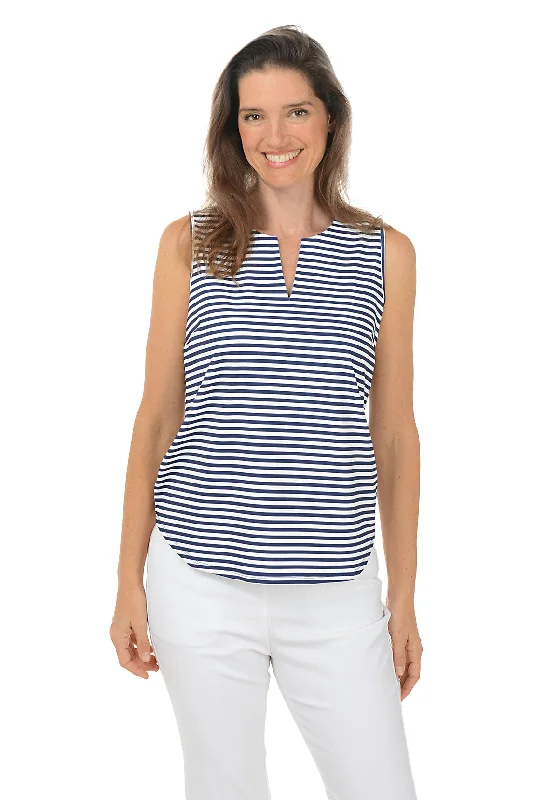 Women's Blouse with U-Shaped CollarNavy Striped UPF50+ Split Neck Sleeveless Top