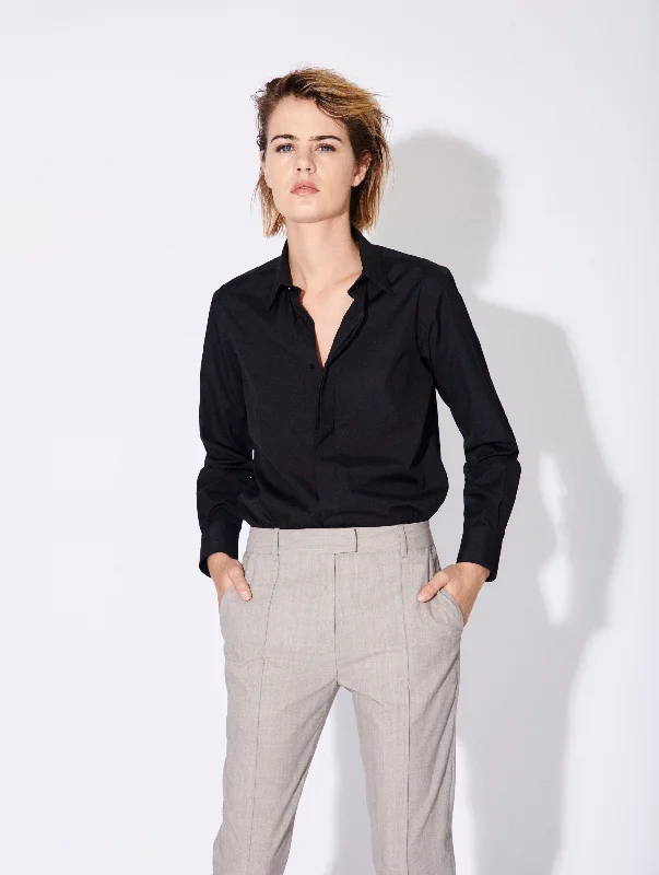 Women's Blouse with Boat CollarBlack cotton poplin shirt