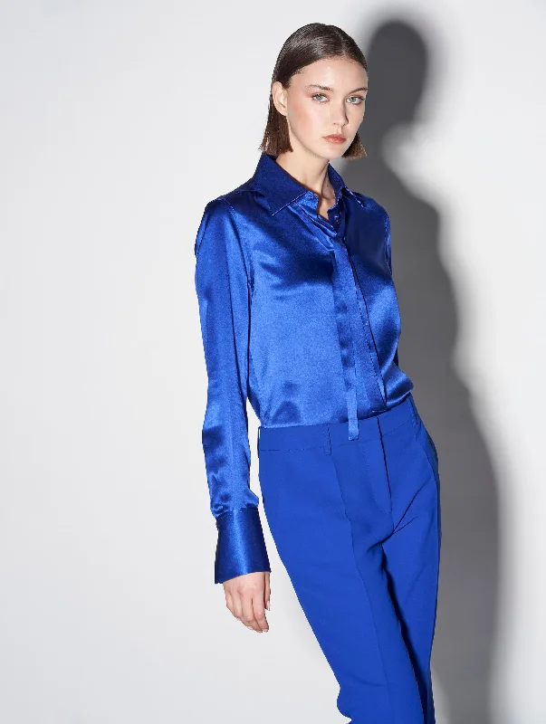 Women's Blouse with Rounded CollarBlue silk satin pussybow blouse