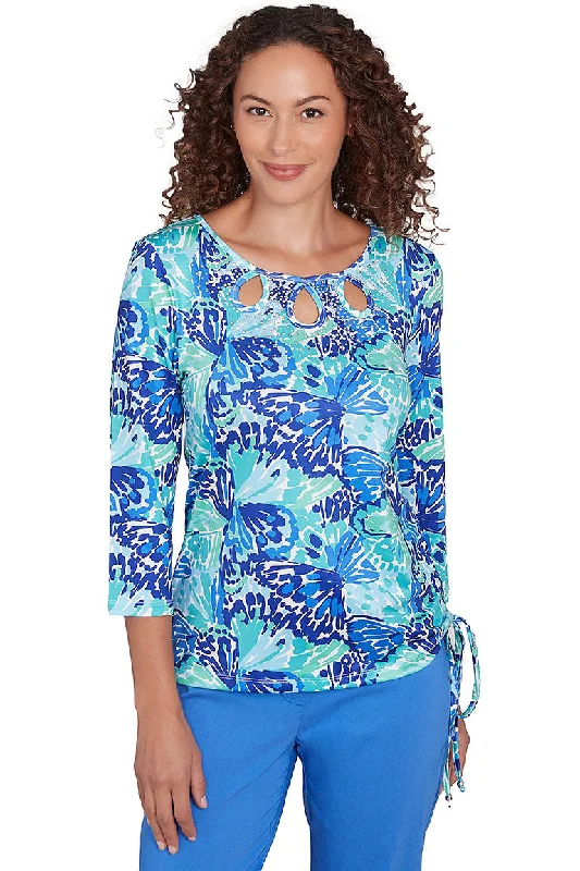 Women's Blouse with PleatsIt Had To Be Blue Triple Keyhole Top