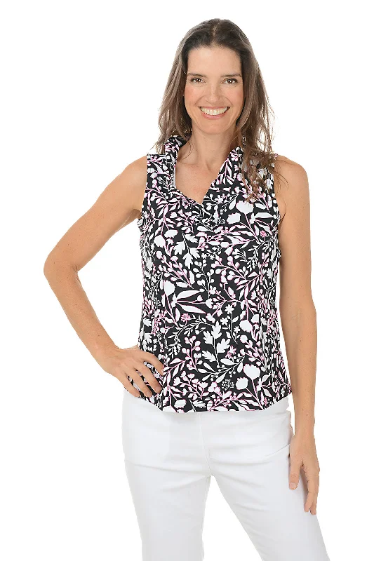 Women's Blouse with Mandarin CollarFloral Stencil UPF50+ Ruffle Sleeveless Top