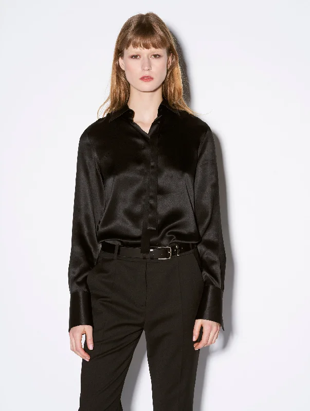 Women's Blouse with Narrow CollarBlack silk satin pussybow blouse