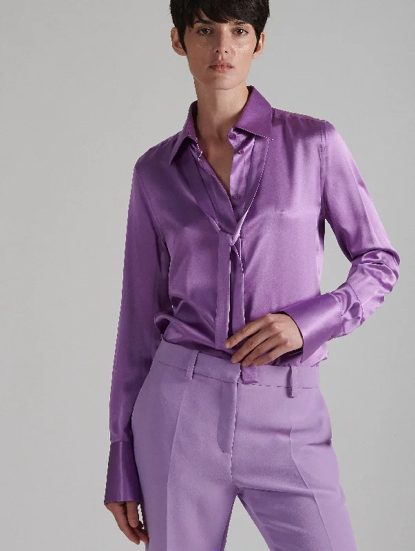 Women's Blouse with Long SleevesLilac silk satin pussybow shirt