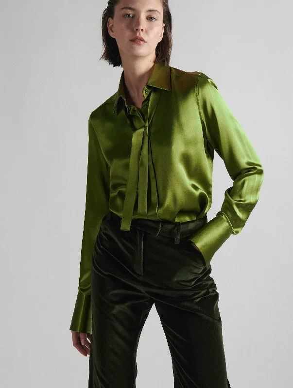 Women's Blouse with Gathered SleevesGreen silk satin pussybow shirt