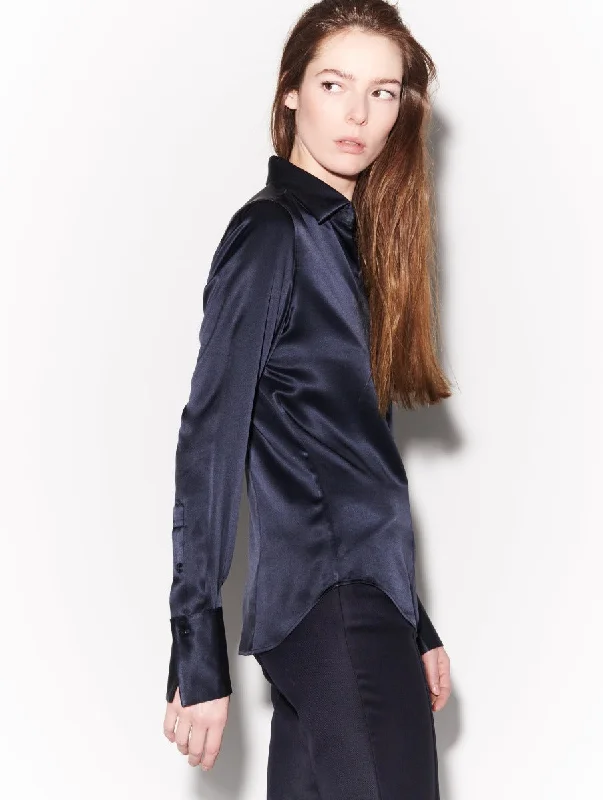 Women's Blouse with Square CollarBlue silk satin shirt