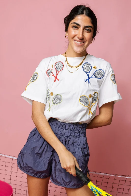 Women's Blouse with Collarless DesignWhite Multi Tennis Racket Tee