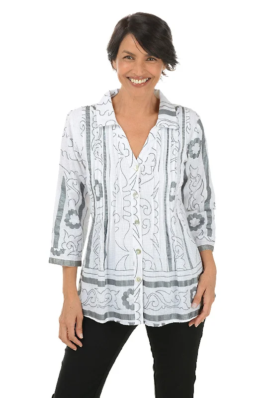 Women's Blouse with LacePetite Arthena Pleated Button-Front Shirt