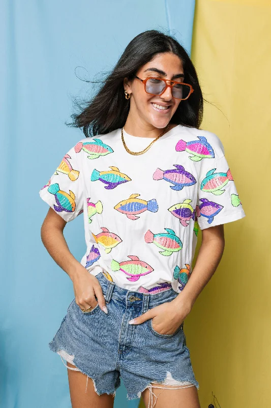 Women's Blouse with Mandarin CollarWhite Neon Scattered Fish Tee