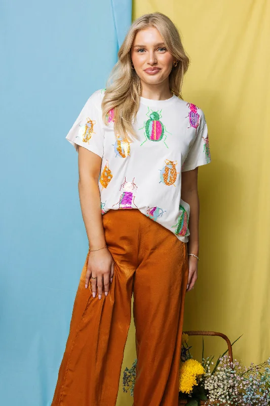 Women's Blouse with Narrow CollarWhite Scattered Neon Beetle Tee