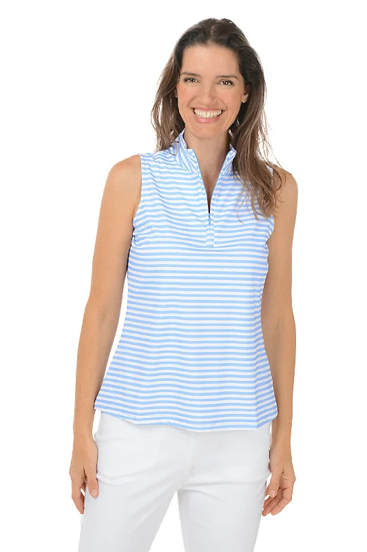 Women's Blouse with Sweetheart CollarPeriwinkle Striped UPF50+ Sleeveless Zip Top