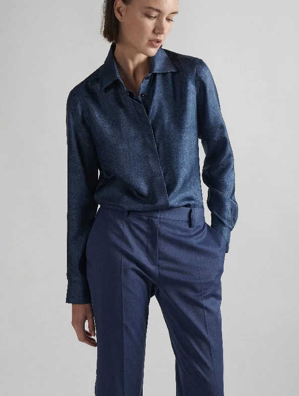 Women's Blouse with Wide CollarDenim printed silk twill shirt