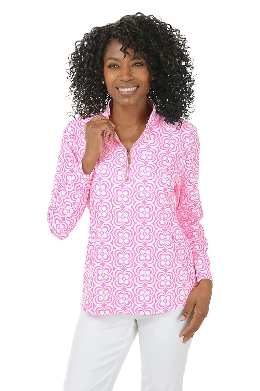 Women's Blouse with Collarless DesignPink Optical Daisy Mock Neck UPF50+ Top