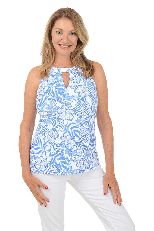 Women's Blouse with Shirt CollarHibiscus Garden UPF50+ Keyhole Sleeveless Top