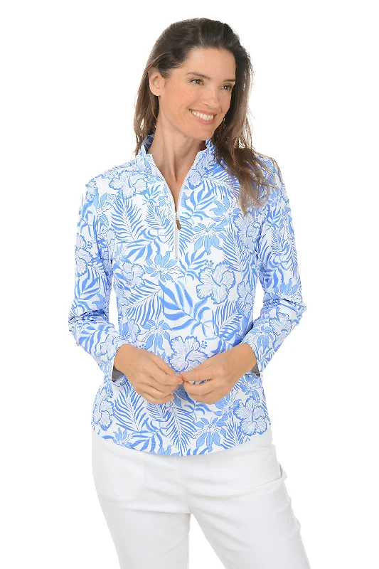 Women's Blouse with Shirt CollarHibiscus Garden Mock Neck UPF50+ Top