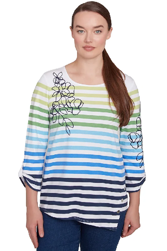 Women's Blouse with Three-Quarter SleevesResort Ready Ombre Striped Asymmetrical Top