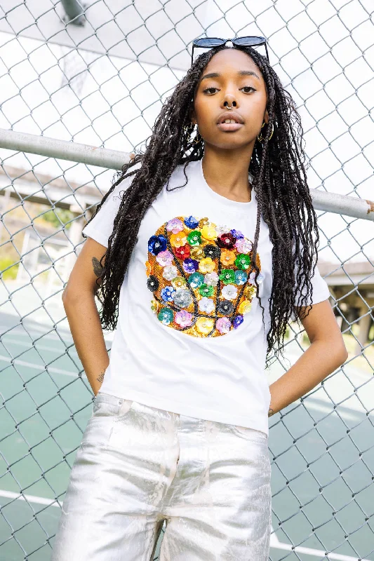 Women's Blouse with Peter Pan CollarWhite Rainbow Flower Basketball Tee