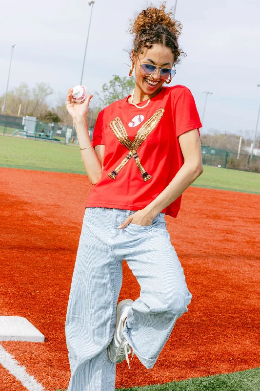 Women's Blouse with Short SleevesRed & Gold Baseball Tee