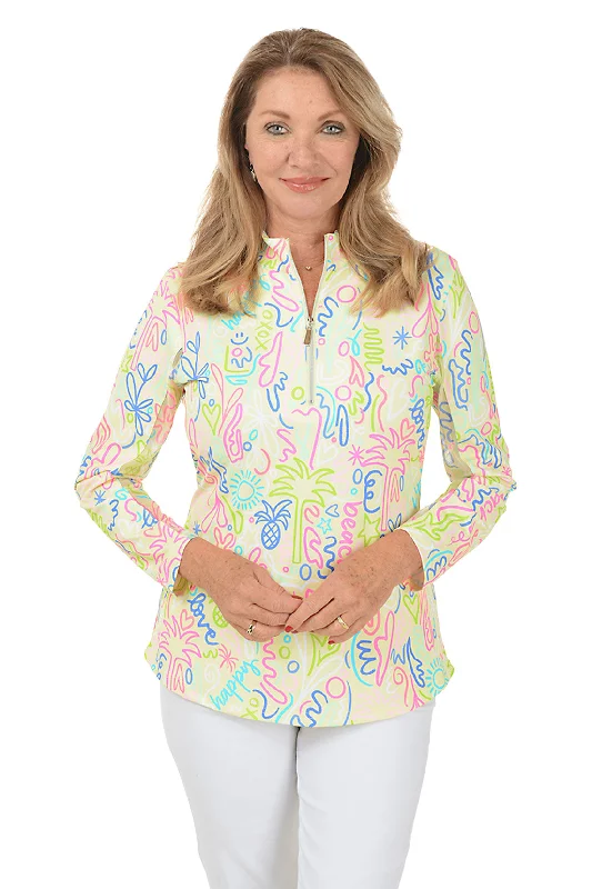 Women's Blouse with U-Shaped CollarYellow Beach Drawings Cooling UPF50+ Mock Neck Top