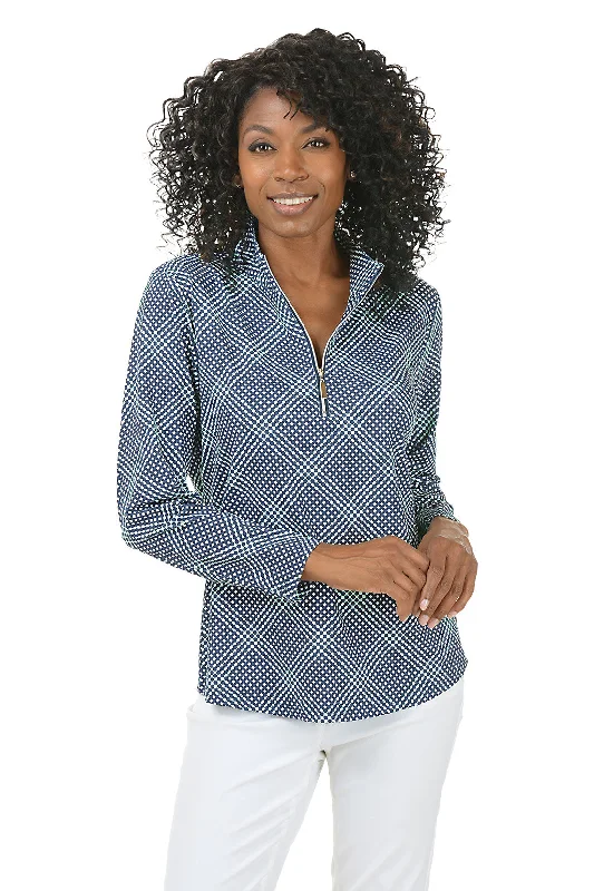 Women's Blouse with Low CollarNavy Gingham Mock Neck UPF50+ Top