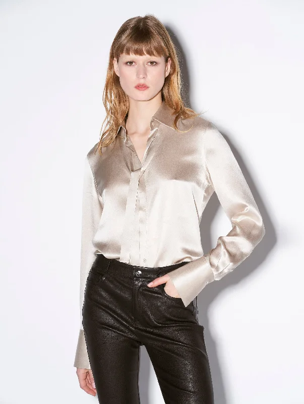 Women's Blouse with High CollarChampagne silk satin pussybow blouse