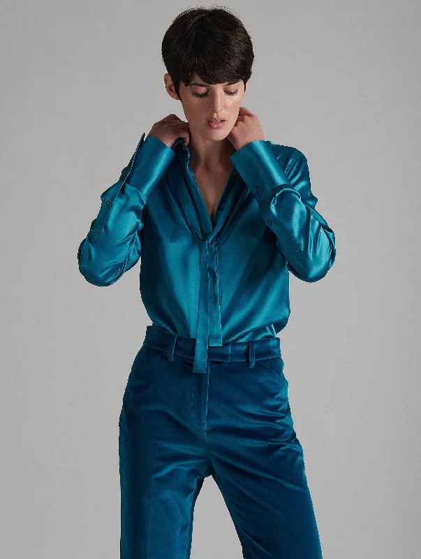 Women's Blouse with PleatsTurquoise silk satin pussybow shirt