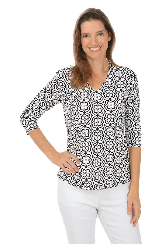 Women's Blouse with High CollarBlack Optical Daisy Classic UPF50+ V-Neck Top