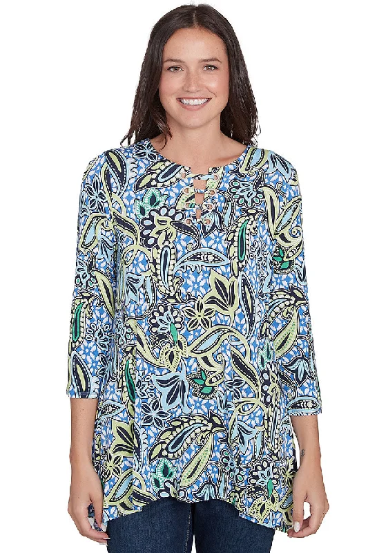 Women's Blouse with ZipperResort Ready Ikat Grommet Neck Top