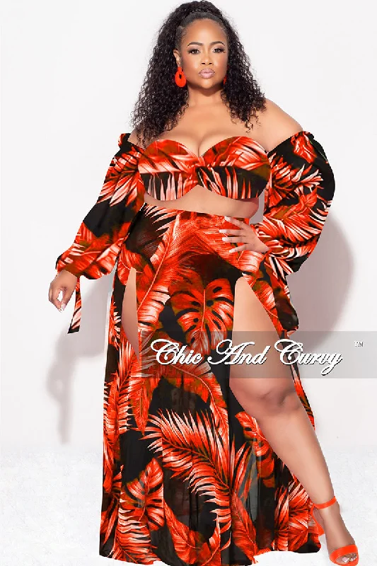 Final Sale Plus Size 3pc Playsuit Set in Burnt Orange Tropical Palm Print