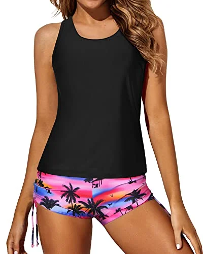 3 Piece Tankini Swimsuits Boyshorts And Bra Athletic Swimwear For Women-Black Palm Tree