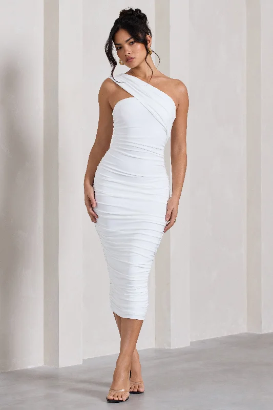 Women's Mandarin-Neck DressesContour | White One Shoulder Bodycon Midi Dress