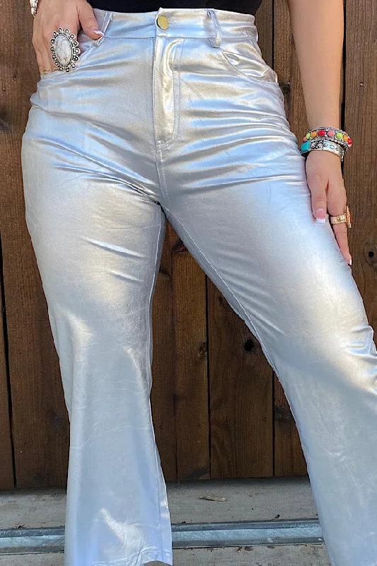 Women's Jodhpurs with Straight HemBQ13305 SILVER  METALLIC STRAIGHT LEG HIGH WAISTED PANTS IS18