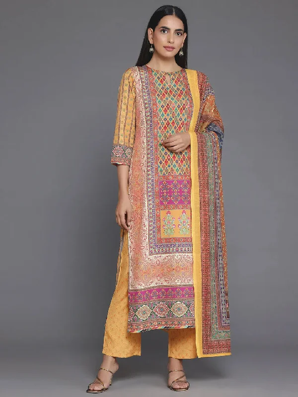 Women's Jumpsuits with Lapel CollarMustard Printed Poly Crepe Straight Suit With Dupatta