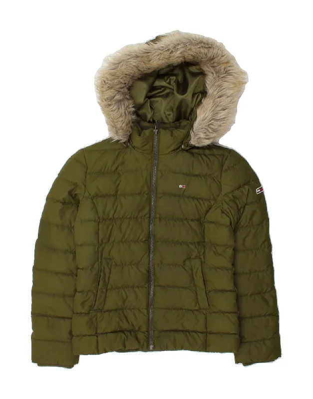 Women's Coats with Fur TrimTOMMY HILFIGER Womens Hooded Padded Jacket UK 10 Small Khaki Polyester