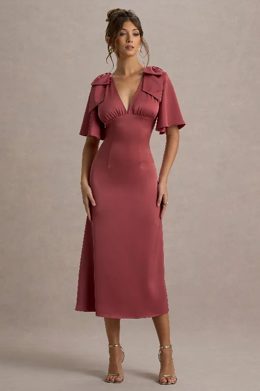 Women's Square Collar DressesDanna | Rose Pink Satin V-Neck Short-Sleeve Midi Dress