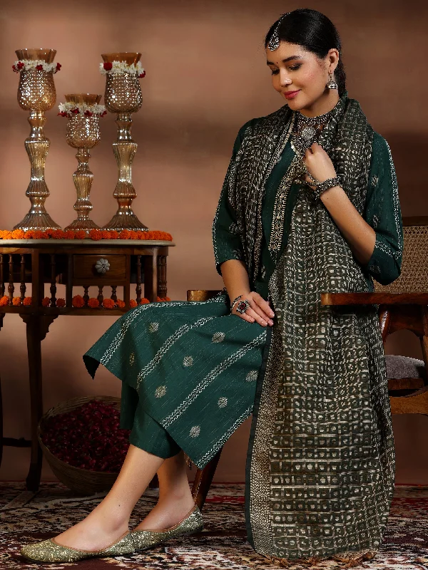 Women's Jumpsuits with High CollarGreen Woven Design Cotton Blend Straight Suit With Dupatta