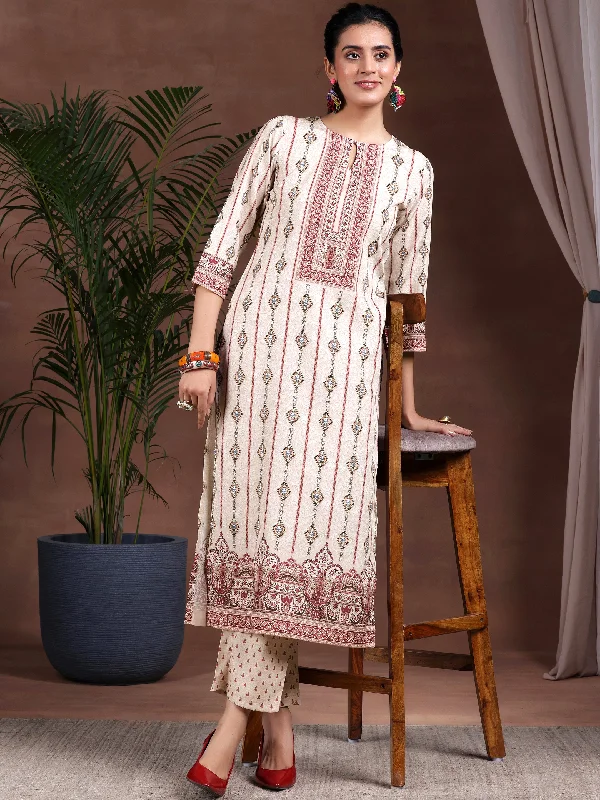 Women's Jumpsuits with Narrow CollarBeige Printed Poly Crepe Straight Kurta Set