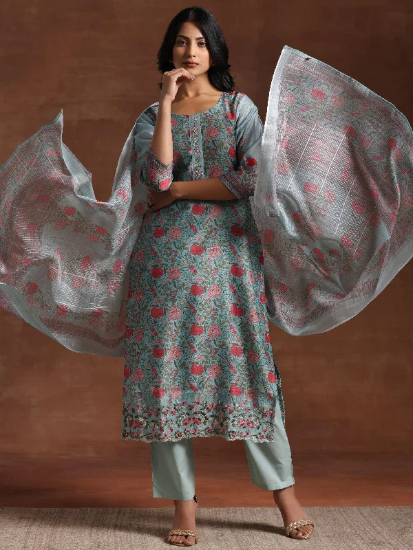 Women's RompersGreen Printed Chanderi Silk Straight Suit With Dupatta