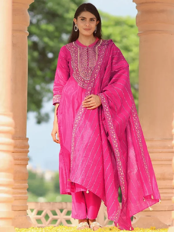 Women's Jumpsuits with Collarless DesignLibas Art Pink Yoke Design Chanderi Silk Straight Suit With Dupatta