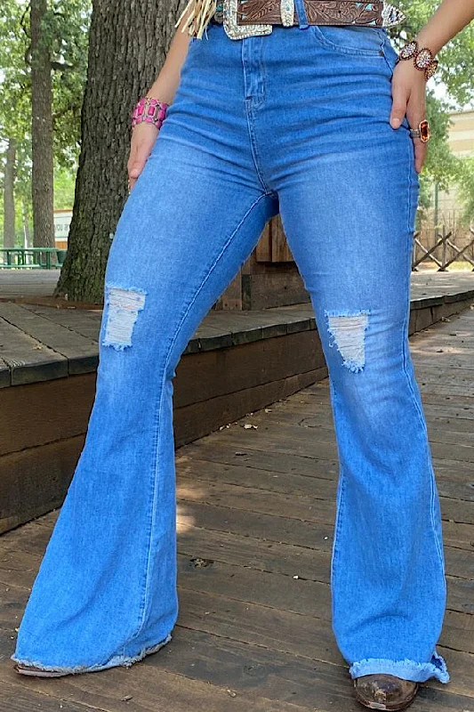 Women's Jodhpurs with U-Shaped NeckJ517 Blue distressed bell bottoms IS18