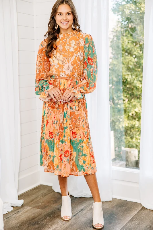 Women's Keyhole-Neck DressesFall In Love Rust Orange Floral Midi Dress