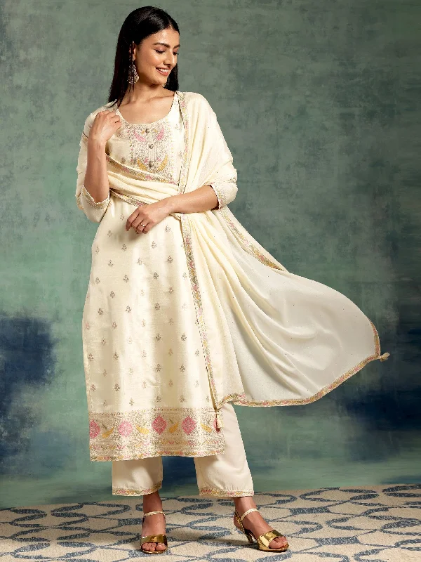 Women's Jumpsuits with Capri LengthOff White Woven Design Silk Blend Straight Suit With Dupatta