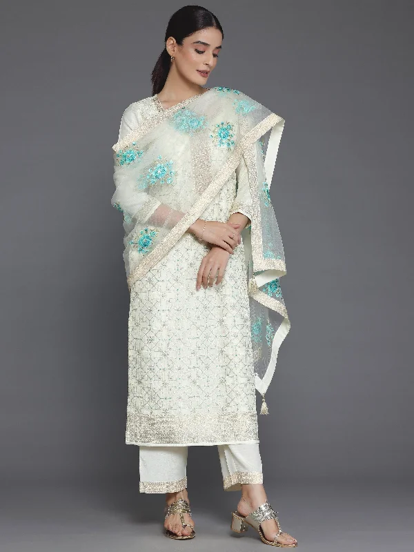 Women's Jumpsuits with Boat CollarCream Woven Design Silk Blend Straight Suit With Dupatta