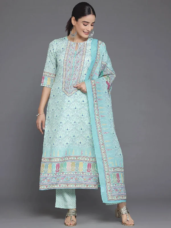 Women's Jumpsuits with Notched CollarGreen Printed Poly Crepe Straight Suit With Dupatta